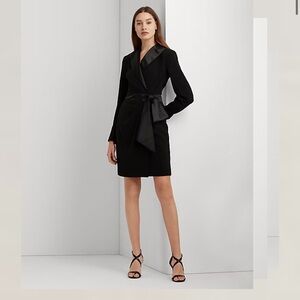 Lauren Ralph Lauren Crepe Long Sleeve Tuxedo Wrap Cocktail Dress Satin Bow